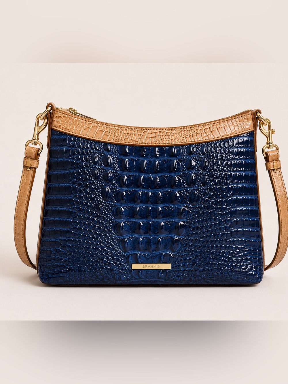Brahmin Katie Navy Croc-Embossed Leather Crossbody with Tan Trim